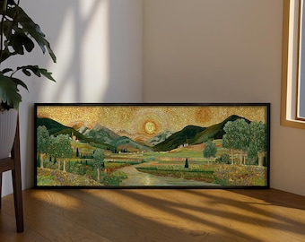 Paisaje de Klimt, arte de pared largo y estrecho: arte panorámico campestre enmarcado