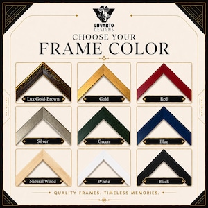 Puede incluir: Una tabla de selecci&oacute;n de colores para marcos Luvarto Designs con nueve muestras de esquinas en Lux Gold-Brown, Gold, Red, Silver, Green, Blue, Natural Wood, White y Black. El texto dice CHOOSE YOUR FRAME COLOR y QUALITY FRAMES. TIMELESS MEMORIES.