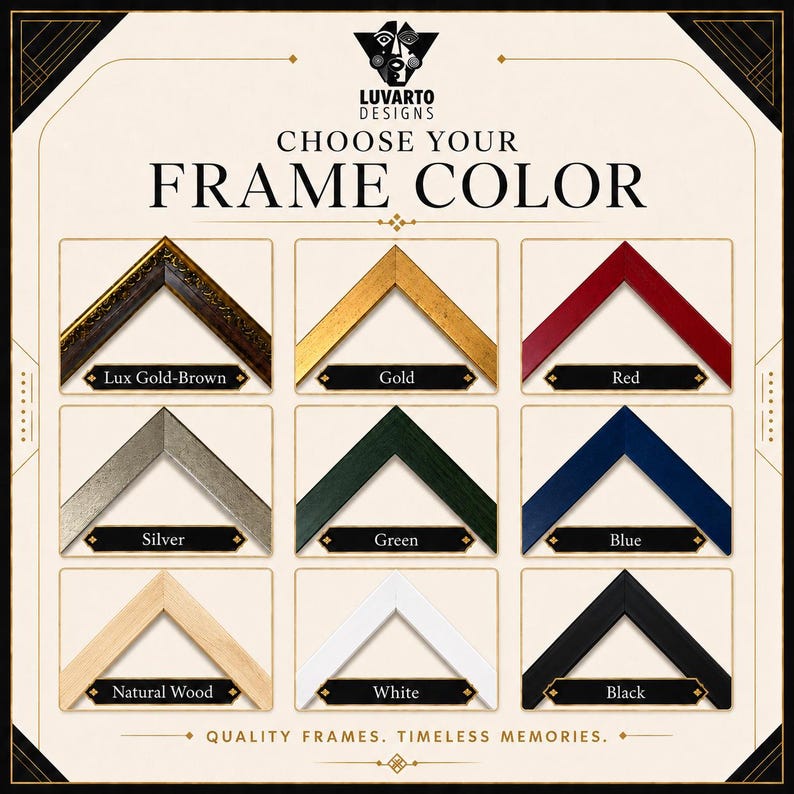 Puede incluir: Una tabla de selecci&oacute;n de colores para marcos Luvarto Designs con nueve muestras de esquinas en Lux Gold-Brown, Gold, Red, Silver, Green, Blue, Natural Wood, White y Black. El texto dice CHOOSE YOUR FRAME COLOR y QUALITY FRAMES. TIMELESS MEMORIES.
