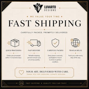 Puede incluir: Un gr&aacute;fico informativo de color crema con texto e iconos negros. El encabezado dice LUVARTO DESIGNS. Incluye secciones para FAST SHIPPING, QUICK PROCESSING, FAST DELIVERY, CAREFULLY PACKED y TRACK & RELAX, terminando con YOUR ART, DELIVERED WITH CARE.