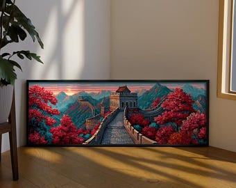 May include: A panoramic framed wall art print depicting the Great Wall of China winding through mountainous terrain. The scene features vibrant red autumn trees, a stone watchtower, and a sunset sky with hues of pink, orange, and deep blue.