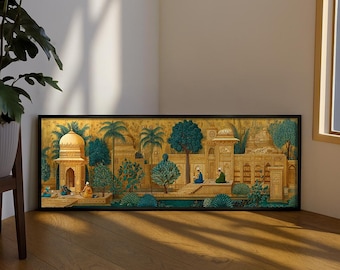 May include: A rectangular wall art print in a black frame featuring a detailed illustration of an ornate golden palace complex with arched doorways, palm trees, and lush foliage, with small figures in colorful clothing seated in the courtyard.
