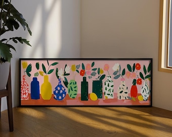 May include: A horizontal rectangular wall art print featuring a series of colorful vases and bottles in various shapes and patterns, each holding flowers or greenery, set against a soft pink background with a single yellow lemon on the surface.
