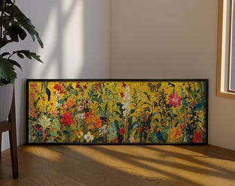 May include: A rectangular wall art piece in a black frame featuring a vibrant, dense botanical illustration set against a textured gold background. The artwork displays a variety of colorful flowers, green foliage, small birds, and butterflies.