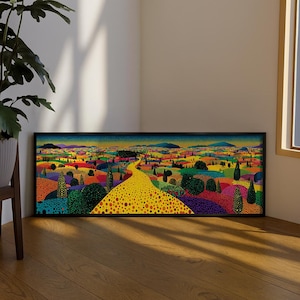Peut inclure: Une impression d'art panoramique encadrée représentant un paysage vibrant de style pointilliste. Un chemin jaune vif serpente à travers des collines vallonnées couvertes de points multicolores rouges, orange, violets, verts et bleus.