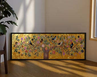 Gold Leaf Tree of Life Long Narrow Canvas : Floral Bird Wall Art
