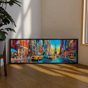 May include: A panoramic rectangular wall art print featuring a vibrant, colorful street scene in New York City. The image displays yellow taxis on a wet city street, American flags, and the Statue of Liberty in the distance under a bright sky.