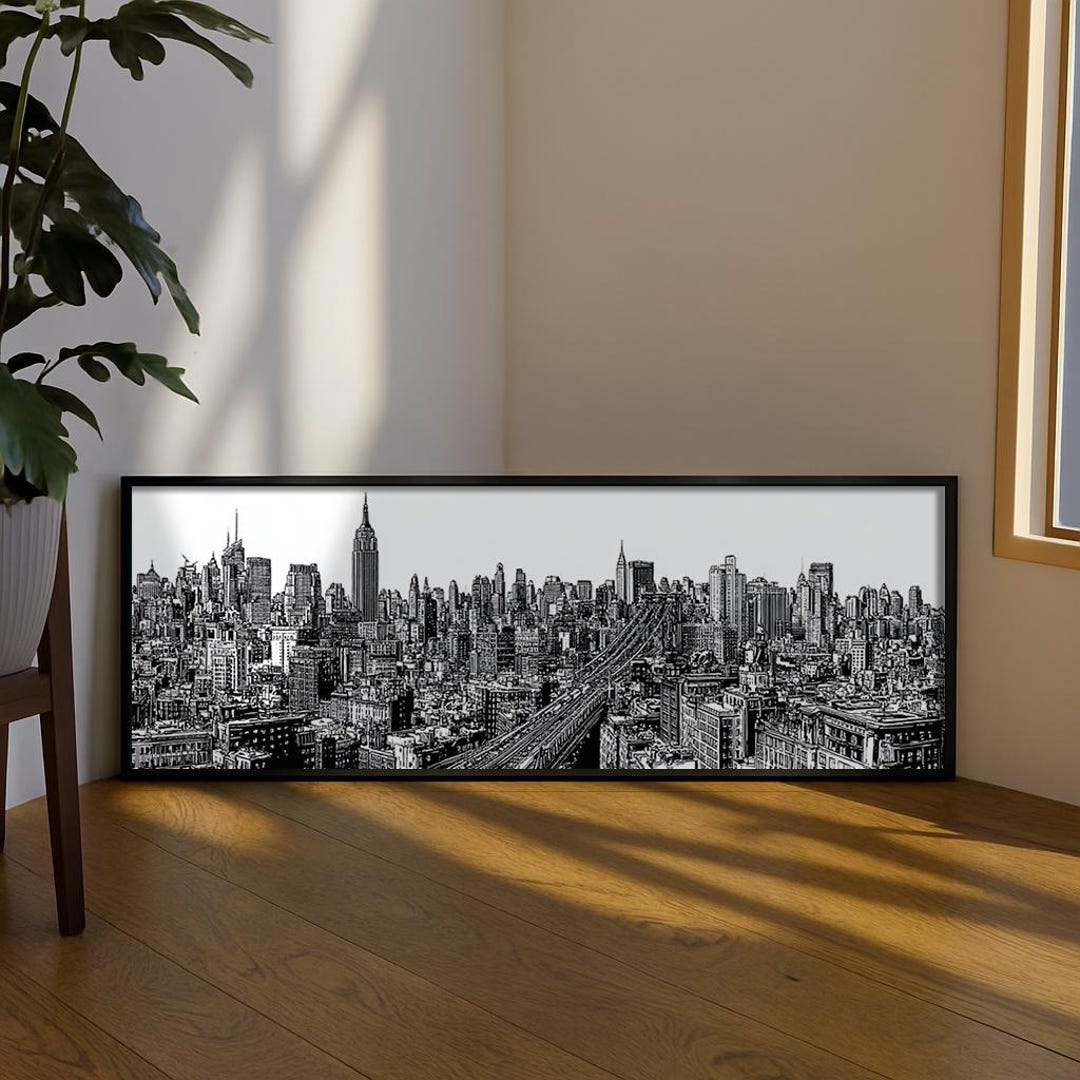 New York Landscape Long Narrow Wall Art : Black White Modern City Decor ...