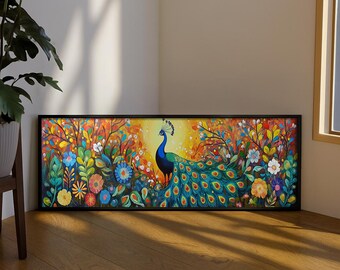 Arte de pared largo y estrecho con diseño de pavo real: Pichwai Nature Floral Decor