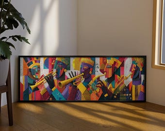 Afrocentric Cubist Long Narrow Wall Art : Large Horizontal  Cultural Home Decor