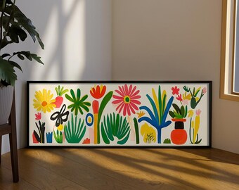 May include: A horizontal rectangular wall art print featuring a vibrant, colorful illustration of various stylized plants and flowers in shades of red, yellow, green, and blue, all set against a cream-colored background within a thin black frame.