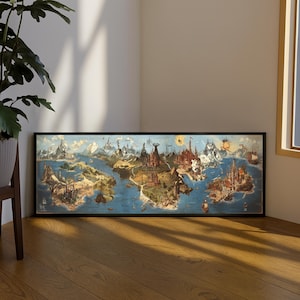 Peut inclure: Une impression d'art mural rectangulaire encadrée représentant une carte fantastique détaillée. L'œuvre illustre un vaste paysage avec des océans bleus, des terres vertes, des montagnes enneigées et diverses structures architecturales.