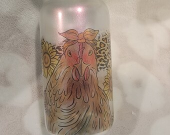 Chicken and sunflowers glass can