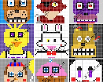 May include: A set of nine pixel art character designs featuring characters from the popular video game Five Nights at Freddy's. The characters include Freddy Fazbear, Bonnie the Bunny, Chica the Chicken, Foxy the Pirate Fox, Golden Freddy, Toy Freddy, Toy Bonnie, Toy Chica, and Mangle.