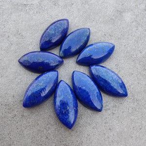 May include: Seven marquise-shaped lapis lazuli gemstones arranged in a circular pattern. Each stone features a deep blue color with natural gold-colored pyrite inclusions visible on the smooth, polished, and slightly domed surface of the cabochons.