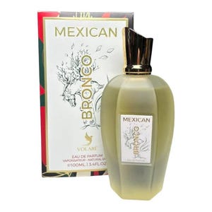 May include: A perfume bottle and box set. The bottle is a light green color with a gold cap. The box is white with red and green accents and the words "MEXICAN BRONCO" in gold. The bottle contains 3.4 fl oz (100ml) of perfume.