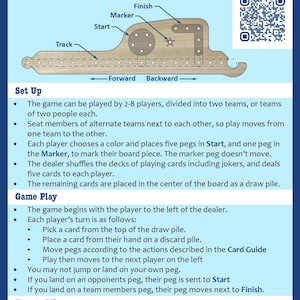 K&ouml;nnte beinhalten: Ein Holzbrettspiel namens "Pegs & Jokers" mit Spielregeln und Anweisungen. Das Spielbrett hat eine Strecke, Start, Ziel und Markierungsbereiche. Die Regeln erkl&auml;ren, wie man das Spiel einrichtet, spielt und gewinnt. Enth&auml;lt einen QR-Code f&uuml;r weitere Details.