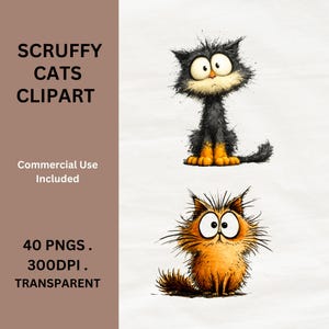 Scruffy Cat Clipart-paket, udda PNG-bilder med googly-ögon (300 DPI)