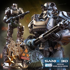 May include: A detailed, metallic figurine of a character in power armor, holding a large machine gun. The figure is posed on a rocky base with a gold-colored emblem and a "Danger" sign. The image has a 3D render style.