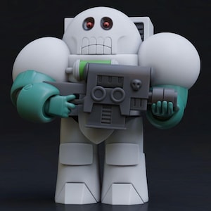 May include: A white, stylised figurine of a robot-like character with a skull-shaped head and red eyes. The figure holds a grey weapon with a skull emblem and green accents. The character has large, rounded shoulder pads and teal gloves.