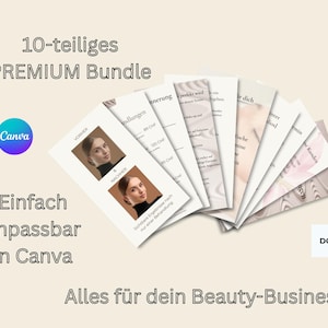 Könnte beinhalten: Ein Bundle aus zehn druckbaren Vorlagen für ein Beauty-Business, mit dem Text "10-teiliges PREMIUM Bundle" und "Alles für dein Beauty-Business". Die Vorlagen sind in Canva anpassbar und enthalten Vorher-Nachher-Fotos.