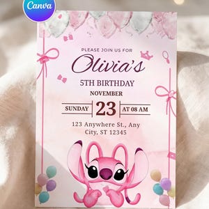 May include: Pink birthday invitation featuring a cartoon character and balloons. The invitation reads "Olivia's 5th Birthday" with the date and time. The design includes the text "Instant Download" and "5x7 Size".