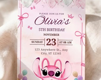 Stitch Birthday Invitation - Lilo and Angel Party Invite, Kids Birthday Party, Editable Canva Template, Instant Download, Printable Card