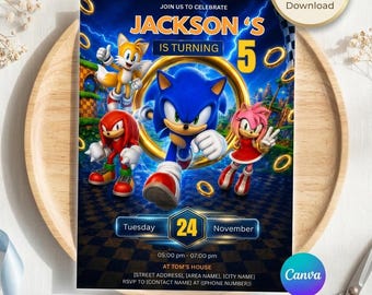 Sonic Birthday Invitation, Editable Sonic The Hedgehog Party Invite, Canva 5x7 Template, Printable Kids Digital Download Birthday Invite