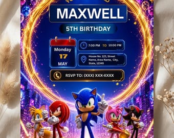 Sonic Birthday Invitation, Editable Sonic The Hedgehog Invitation, Kids Party Canva Template 5x7, Printable Digital Birthday Card Download