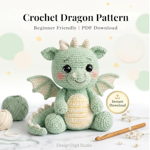 Patrón de dragón a crochet – Juguete amigurumi para bebé, tutorial fácil para crear un peluche fantástico con pocos puntos, descarga digital instantánea en PDF.