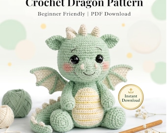 Patrón de dragón a crochet – Juguete amigurumi para bebé, tutorial fácil para crear un peluche fantástico con pocos puntos, descarga digital instantánea en PDF.