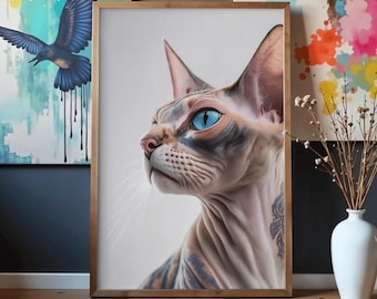 Retrato de gato esfinge para imprimir / Arte de pared minimalista moderno con gatos / Descarga digital
