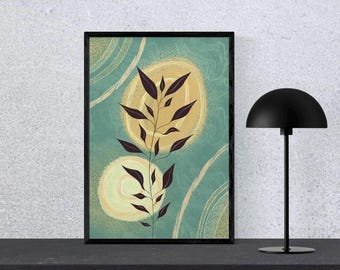 Botanical Leaf Art Print | Teal and Gold, Minimalist Decor | Digital Download