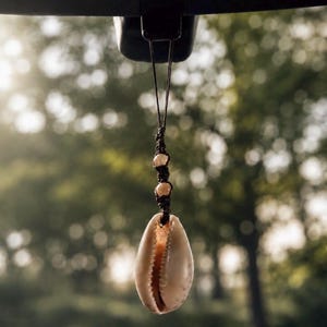 May include: A hanging car ornament featuring a single cream-colored cowrie shell suspended by a dark brown knotted cord. The cord includes two small, round, light-colored beads positioned above the shell, creating a simple, vertical design.