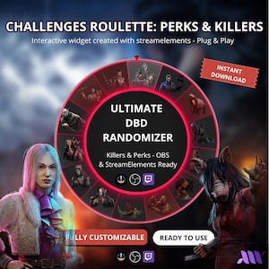 May include: A digital interactive wheel widget titled CHALLENGES ROULETTE: PERKS & KILLERS and ULTIMATE DBD RANDOMIZER. The wheel features various character icons, red borders, and text including StreamElements Ready, Fully Customizable, and Ready to Use.