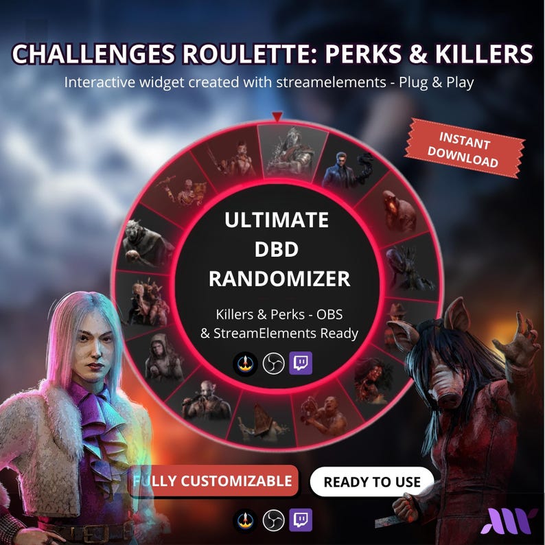 May include: A digital interactive wheel widget titled CHALLENGES ROULETTE: PERKS & KILLERS and ULTIMATE DBD RANDOMIZER. The wheel features various character icons, red borders, and text including StreamElements Ready, Fully Customizable, and Ready to Use.