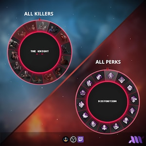 May include: A digital interface featuring two circular selection wheels. The left wheel labeled ALL KILLERS displays various character icons with THE KNIGHT selected. The right wheel labeled ALL PERKS shows icon tiles with DISTORTION selected.