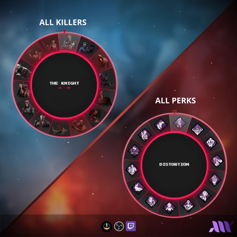 May include: A digital interface featuring two circular selection wheels. The left wheel labeled ALL KILLERS displays various character icons with THE KNIGHT selected. The right wheel labeled ALL PERKS shows icon tiles with DISTORTION selected.