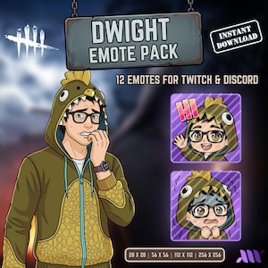 Puede incluir: Un paquete de emotes digitales con un personaje de dibujos animados con sudadera de dinosaurio verde y gafas. El gráfico incluye el texto DWIGHT EMOTE PACK, 12 EMOTES FOR TWITCH & DISCORD e INSTANT DOWNLOAD. Dos emotes cuadrados muestran al personaje saludando con el texto HI y con expresión nerviosa. Se indican los tamaños 28x28, 56x56, 112x112 y 256x256.