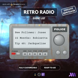 Könnte beinhalten: Eine digitale Grafik einer Retro-Radio-Ereignisliste mit einem Bildschirm, der New Follower: Josee, 22 Months: Robinetta und Tip 48: Jackqueline anzeigt. Die Oberfläche enthält ein Polizeischild, Wiedergabetasten und einen Netzschalter.