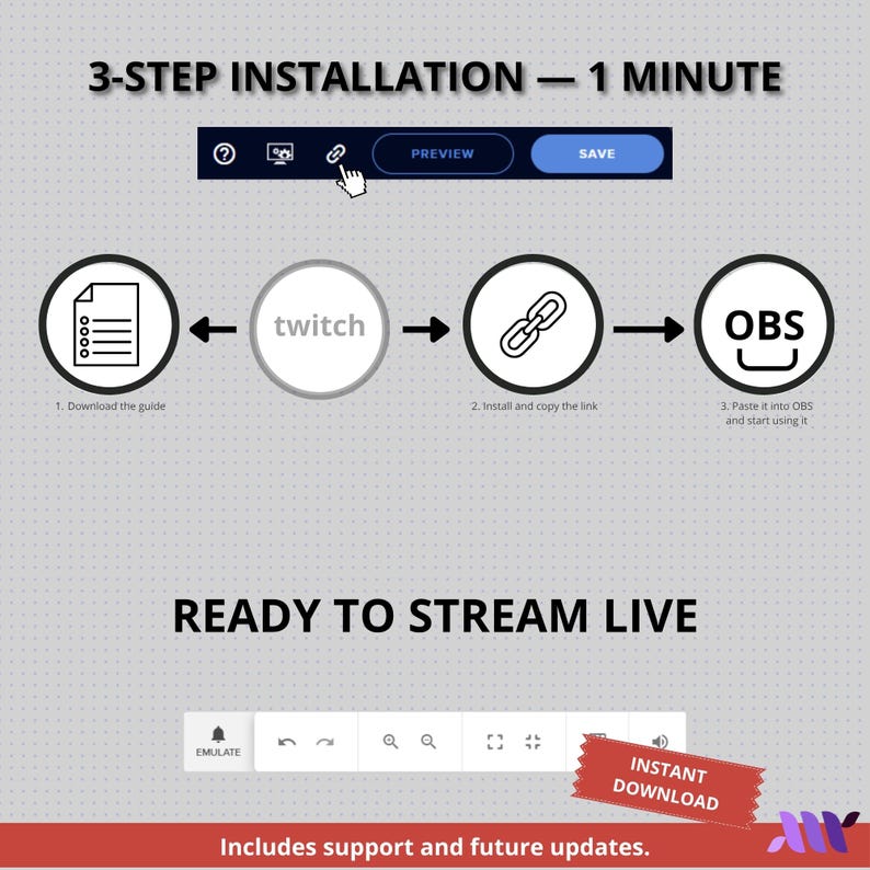 May include: A digital infographic titled 3-STEP INSTALLATION &mdash; 1 MINUTE showing a process flow with icons for downloading a guide, linking a Twitch account, and pasting a link into OBS software. The graphic includes the text READY TO STREAM LIVE.