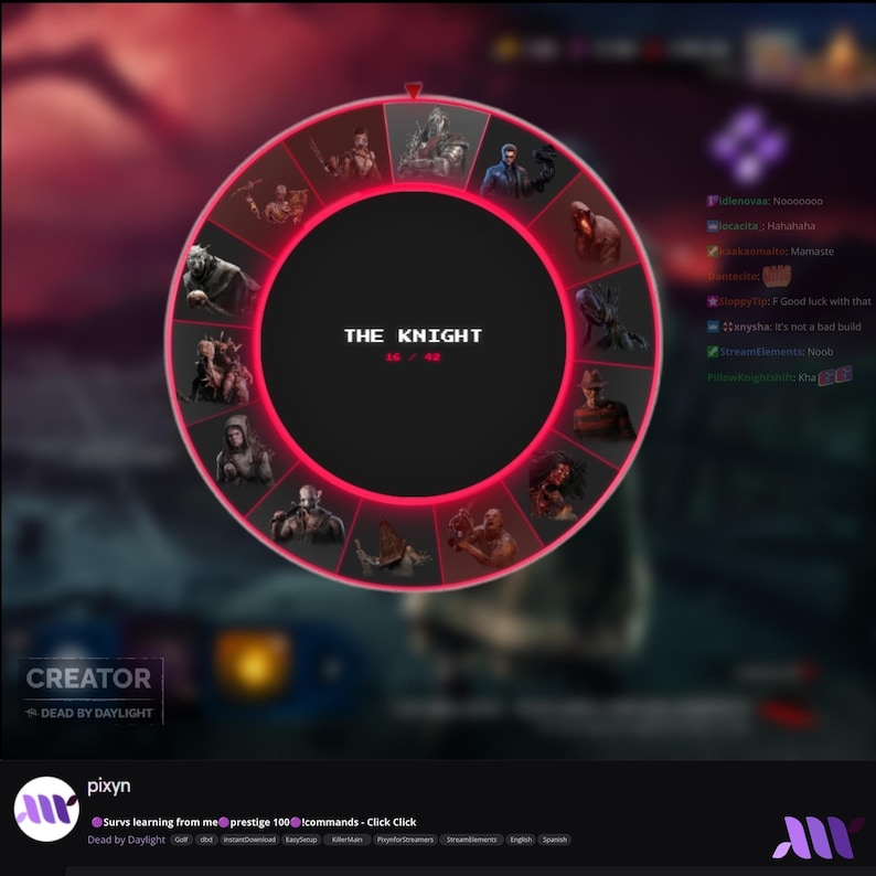 May include: A circular character selection wheel from the video game Dead by Daylight, featuring a red glowing border and various character portraits. The center displays the text THE KNIGHT 16 / 42, with a chat sidebar visible on the right side.