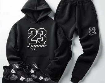 Zwart-wit joggingpak 23 Legend-joggingbroek met capuchon, matchend met Jordan 4 White Thunder