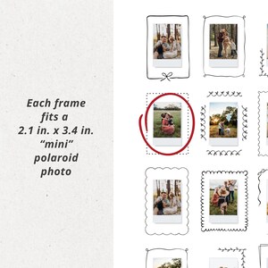 May include: A collection of mini polaroid photo frames with various decorative borders. Each frame fits a 2.1 in. x 3.4 in. photo. The text on the left side of the image reads: "Each frame fits a 2.1 in. x 3.4 in. "mini" polaroid photo."