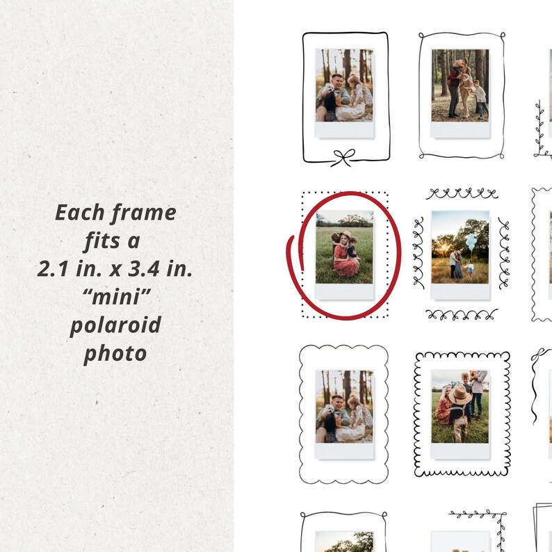 May include: A collection of mini polaroid photo frames with various decorative borders. Each frame fits a 2.1 in. x 3.4 in. photo. The text on the left side of the image reads: "Each frame fits a 2.1 in. x 3.4 in. "mini" polaroid photo."