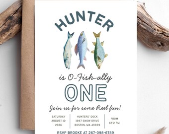 Invitación de cumpleaños de pesca de O Fishally One Party para niños, tema de celebración del primer cumpleaños en plantilla personalizada de Canva.