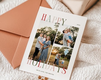 Plantilla de tarjeta navideña con múltiples fotos, diseño de collage colorido personalizado para las fiestas, descarga instantánea