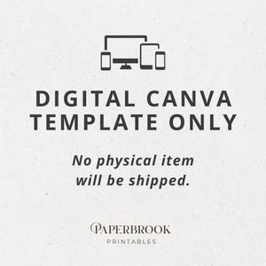 Puede incluir: Gr&aacute;fico de plantilla digital de Canva con iconos de ordenador, tableta y tel&eacute;fono. El texto dice "DIGITAL CANVA TEMPLATE ONLY" y "No se enviar&aacute; ning&uacute;n art&iacute;culo f&iacute;sico". El logotipo de Paperbrook Printables est&aacute; en la parte inferior.