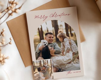 Tarjeta navideña moderna con arco para 2 fotos, editable, para fotos familiares. Descarga instantánea.