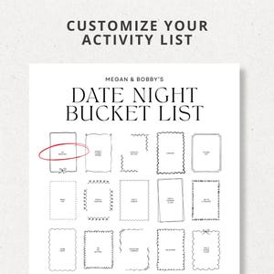 May include: A white Date Night Bucket List with the text "Megan & Bobby's" and "Customize Your Activity List". The list includes boxes for activities like bowling, cooking, and karaoke.